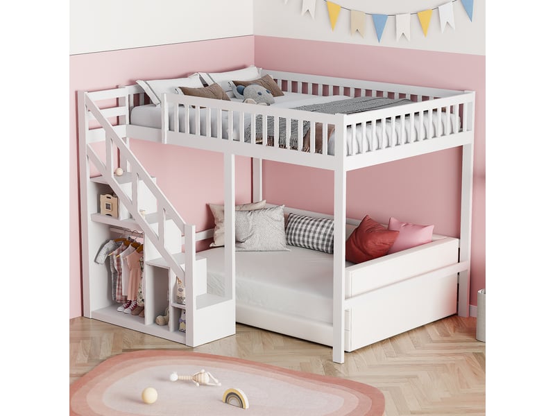  Lit mezzanine 2 places,lit mezzanine 140x200,lit superpose,lit mezzanine escalier,lit enfant escalier avec placard de rangement,bois massif,blanc  - Conforama C