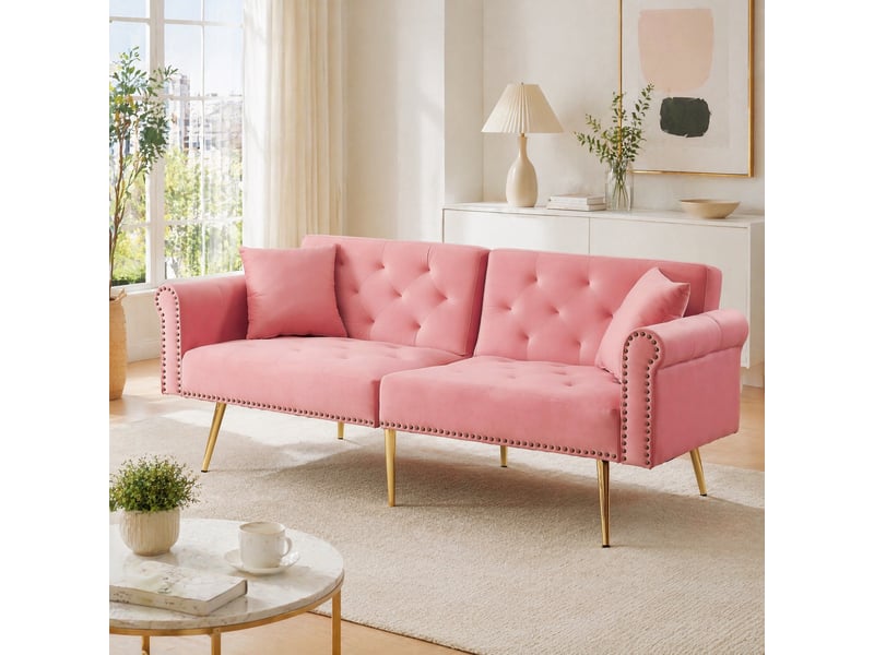  Canapé convertible 2 places à double dossier réglable 3 positions, coussins et pieds en métal doré, velours rose, 147×85 cm  - Conforama B