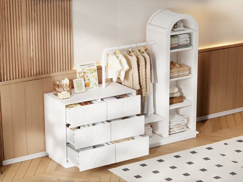  Commode 6 tiroirs avec tringle à vêtements, étagère ouverte, grand espace de rangement pour chambre, 160,5 x 40 x 134 cm, blanc  - Conforama B