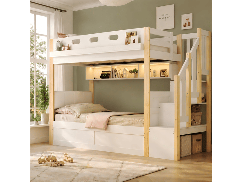  Lit superposé 2x90x200 cm, lit inférieur relevable et escalier de rangement, en bois, blanc et naturel, sans matelas  - Conforama B