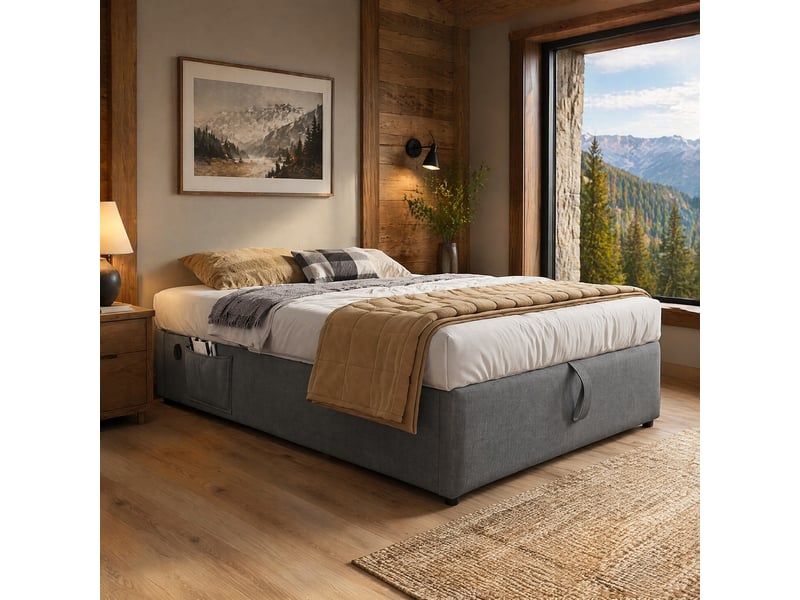  Lit coffre lit simple en coton et lin avec rangement hydraulique, usb et type-c, 200x90 cm, sans matelas, gris  - Conforama B