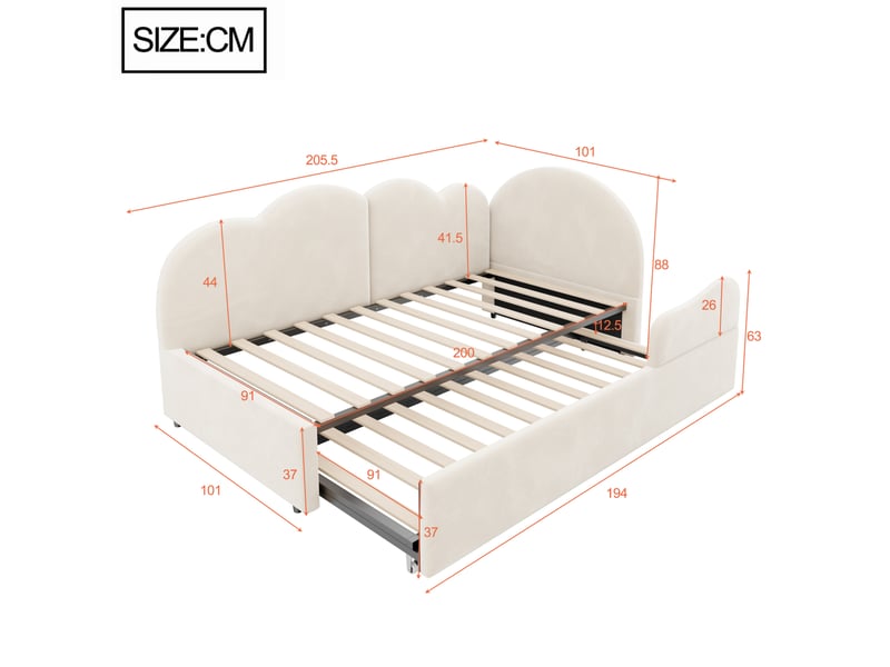  Lit gigogne 90x200+90x190 cm avec lit inférieur coulissant en velours beige  - Conforama E