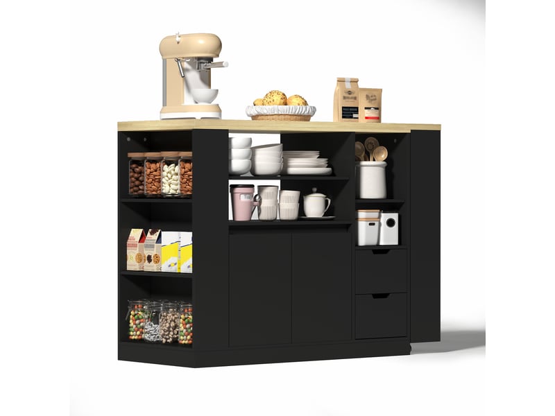  Îlot de cuisine extensible noir et bois, îlot central 115 cm avec rangements et plateau tournant pour salle à manger.  - Conforama W