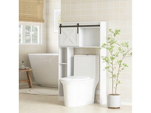 Meuble de rangement au-dessus des toilettes avec porte coulissante, meuble étagère dessus wc, étagère réglable, blanc