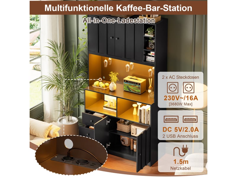  Buffet haut de cuisine 100x40x180 cm,bar à café,led rgb,2 prises ac+2 usb,3 porte-verres,étagère réglable,rangements ouverts,mdf  - Conforama D