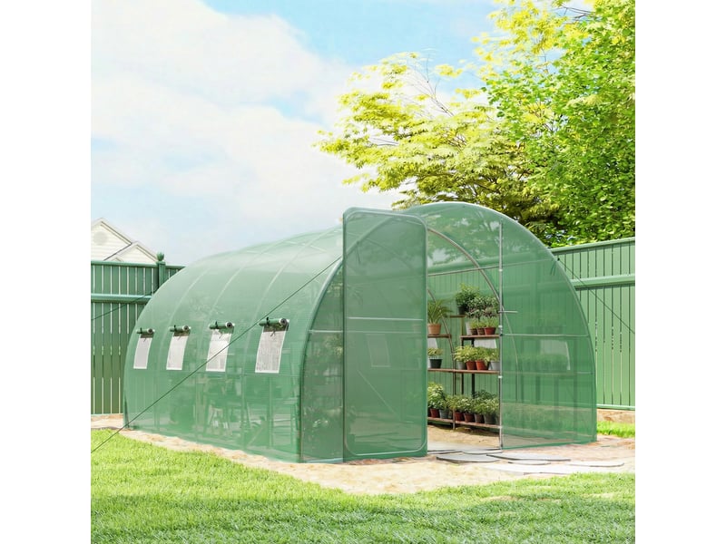  Serre tunnel de jardin 12m², serre de jardin tunnel 295x400x200cm porte et 8 fenêtres, bâche pe 140 gm² vert  - Conforama D