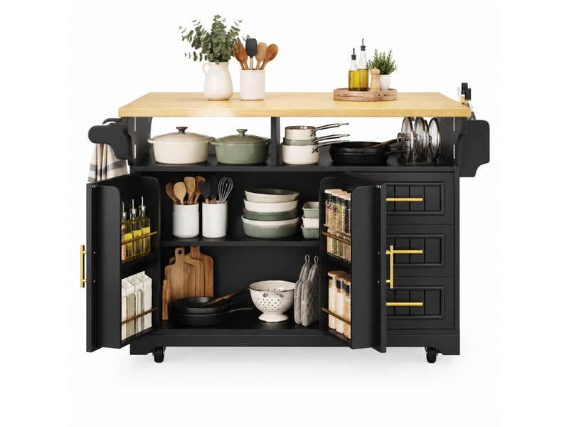  Îlot de cuisine mobile 3 tiroirs à plateaux rabattables - lpospi - roulettes freinées mdf métal noir  - Conforama A