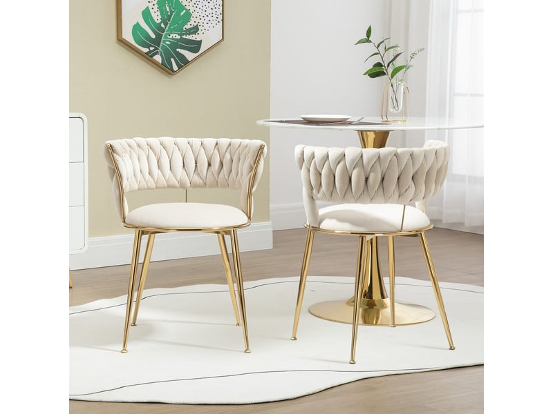  Lot de 2 chaises de salle à manger en velours ivoire, dossier incurvé avec accoudoirs et piètement métal HFSN-926IY - Conforama B