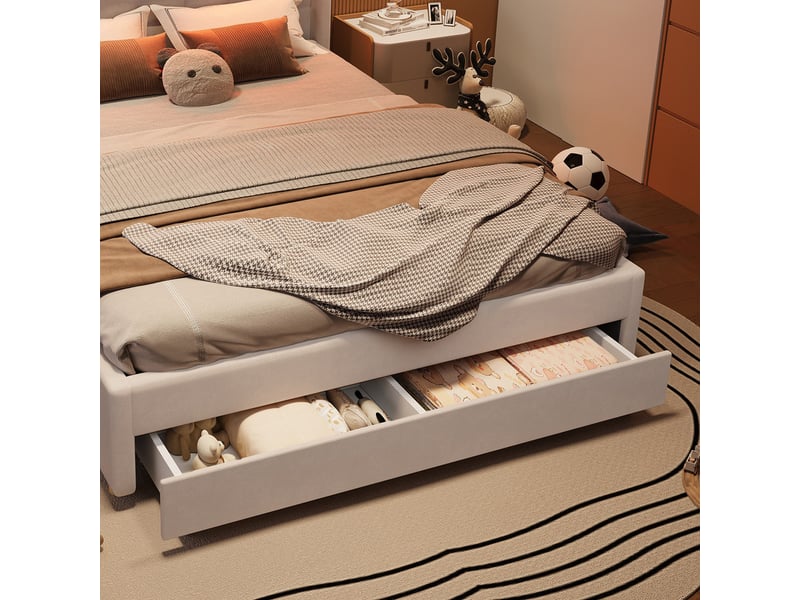  Lit rembourré pour enfants 140x200cm - avec led et port de chargement - avec toboggan - peut être installé à gauche ou à droite - velours - beige (sans matelas)  - Conforama R