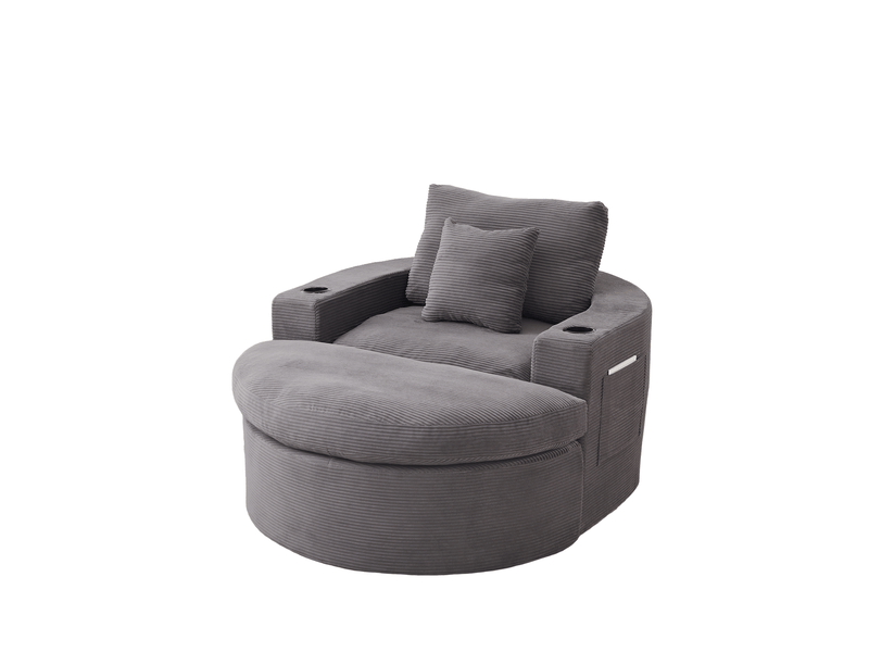  Fauteuil avec pouf 1 place, repose-pieds amovible, porte-gobelets et poches latérales en velours côtelé gris  - Conforama A