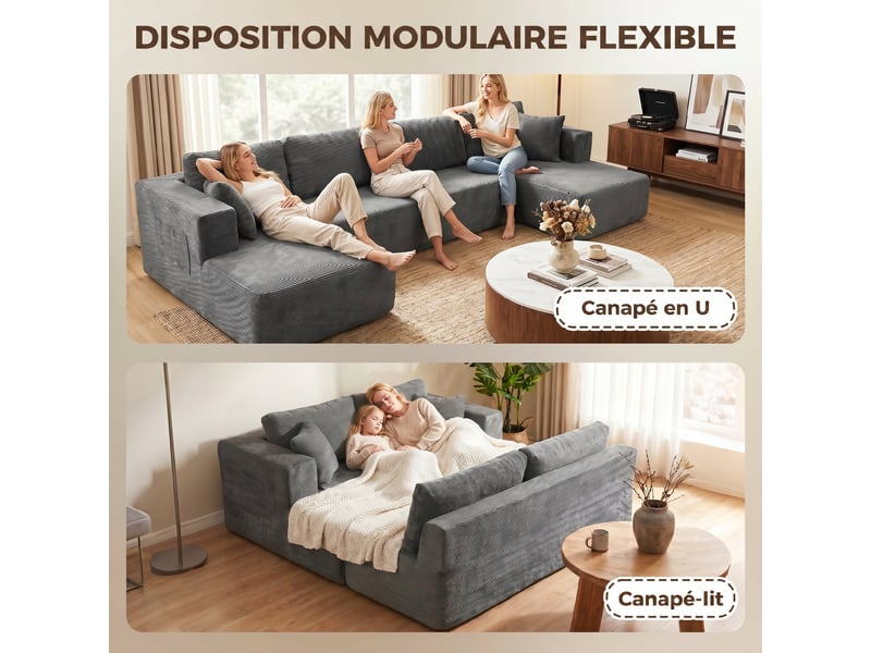  Canapé modulaire en u 4 places, 2 méridiennes, canapé 2 places, 6 coussins, sans montage, gris, 369 x 152 x 78 cm  - Conforama D
