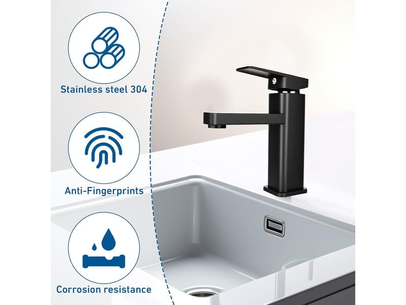 Robinet de salle de bain - noir - mitigeur de lavabo chaud et froid - mitigeur monocommande évier de salle de bain - acier inoxydable et laiton  - Conforama D
