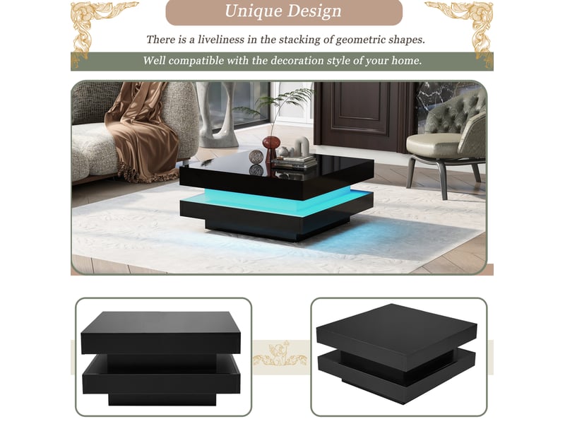  Table basse carrée 70x70x36 cm avec éclairage led intelligent, recharge, rangement ouvert, table de salon, pb, noir  - Conforama D