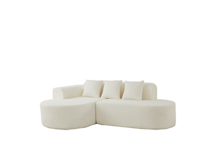Canapé d'angle gauche en chenille avec méridienne et 3 coussins de dossier, formes arrondies beige
