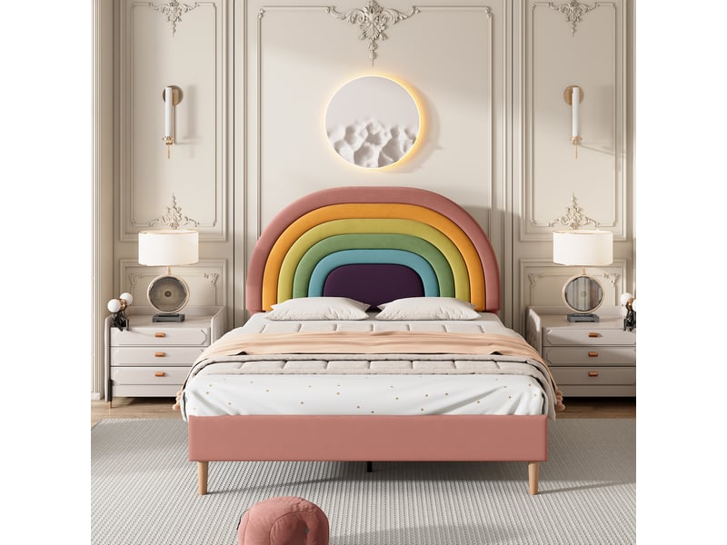  Lit enfant 140x200cm,lit double en velours avec tête de lit réglable,en forme d'arc-en-ciel,rose lit enfant rose - Conforama B