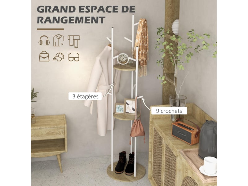  Porte-manteau sur pied avec 9 crochets et 2 étagères naturel et blanc ø 40x167 cm  - Conforama E
