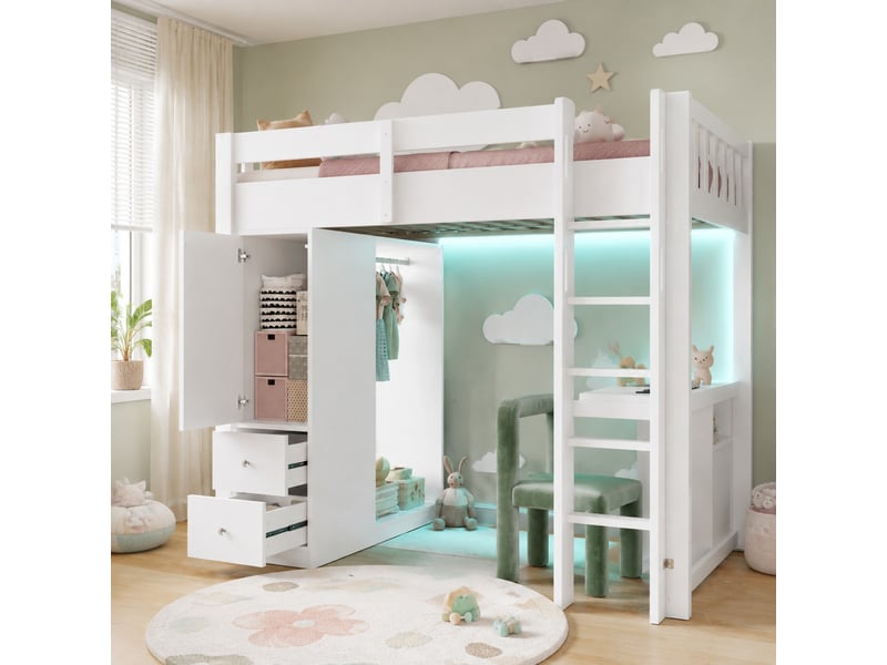  Lit mezzanine 200×90 cm avec bureau, 4 tiroirs, armoire ouverte, éclairage led et port usb, en pin massif et mdf blanc  - Conforama B
