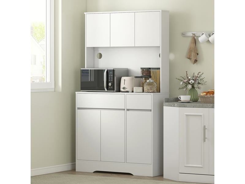  Meuble de cuisine avec plan de travail ouvert, 6 portes, 2 tiroirs, étagères réglables, passe-câbles, panneaux de particules, blanc  - Conforama D
