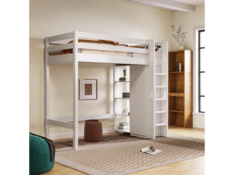  Lit mezzanine enfant 90x200 cm avec armoire, 6 étagères et échelle, blanc  - Conforama E