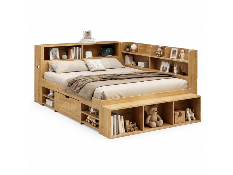  Lit enfant 200×140 cm avec tiroir, placards et étagères, sommier à lattes inclus, sans matelas, en contreplaqué naturel  - Conforama A