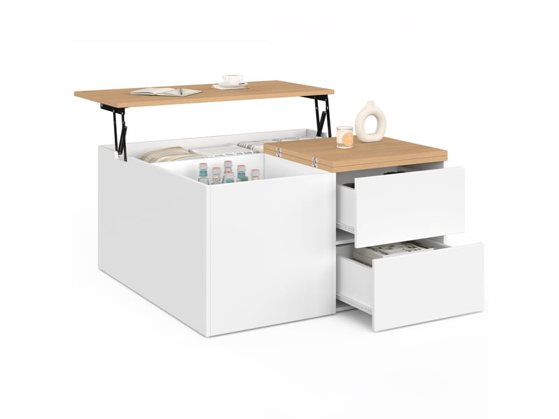 Table basse plateau relevable carrée calia 80 cm avec 2 coffres et 2 tiroirs blanc et bois - Conforama A