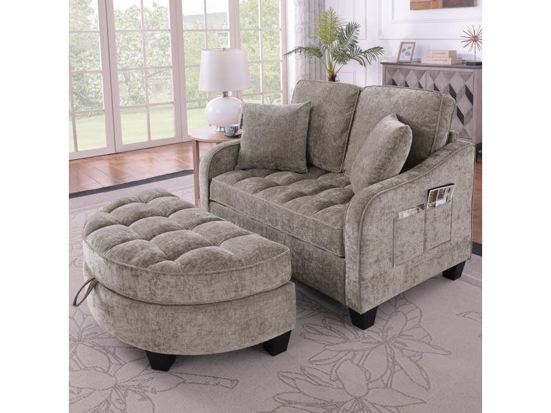  Canapé convertible 1 place, lit d’appoint 1 personne, 132x129x93 cm, canapé-lit 2 en 1, pouf de rangement, tissu chenille, bois d’eucalyptus, marron  - Conforama D