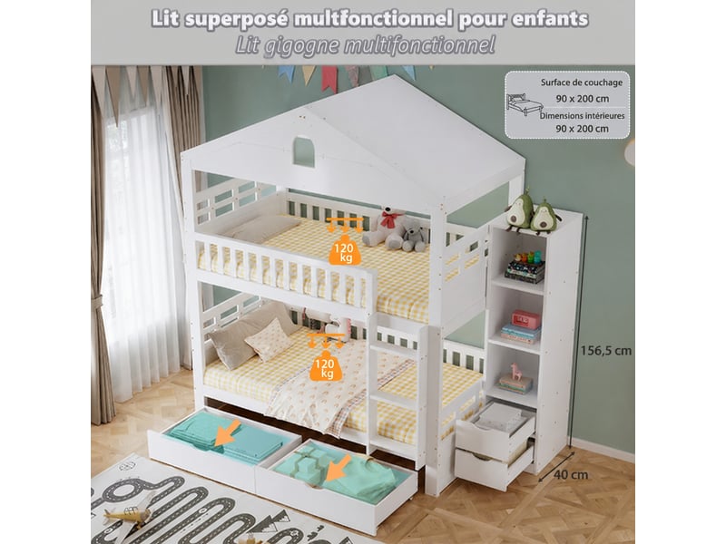  Lit cabane superposé 90 x 200 cm blanc pour enfants, 2 couchages avec tiroirs et rangement latéral  - Conforama E