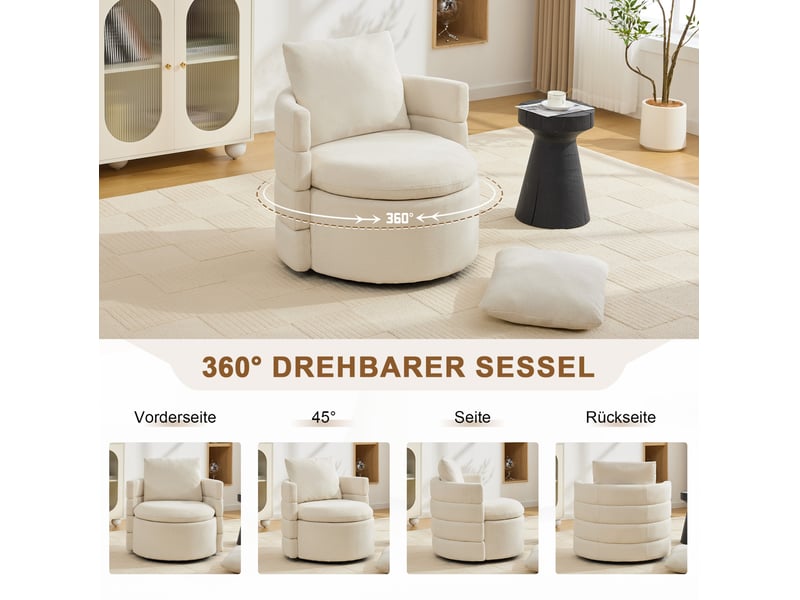 Fauteuil pivotant 360° 78,5x73x83 cm, avec rangement, fauteuil lounge, coussin, pour salon, chenille, couleur ivoire  - Conforama E