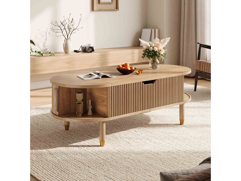 Table basse ovale avec plateau relevable 110x48x57 cm en mdf, rangement caché, portes coulissantes cannelées et pieds en bois - bois naturel - Conforama D