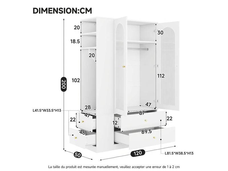  Armoire penderie grise 160 x 50 x 200 cm avec 2 tringles et 14 rangements  - Conforama W