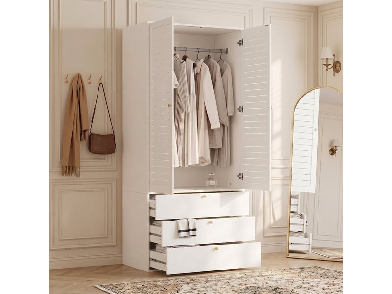  Armoire blanche 2 portes avec 3 tiroirs et penderie 90x50x200 cm  - Conforama D