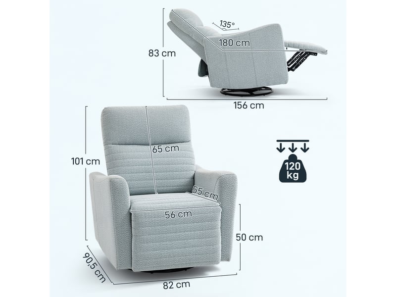  Fauteuil de relaxation, fauteuil pivotant, fauteuil inclinable, 90.5x82x101cm, gris  - Conforama E