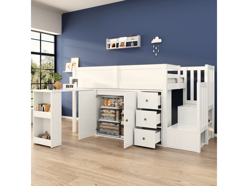 Lit mezzanine enfant avec bureau escamotable 90x200 cm blanc - armoire, tiroir et escalier de rangement - Conforama B