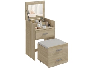 Coiffeuse avec miroir pliant, tiroirs et tabouret, en bois et tissu effet lin, coloris bois