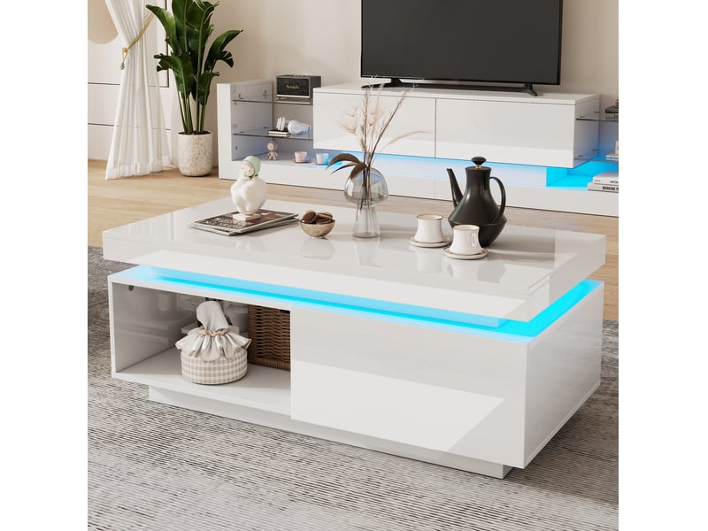  Ensemble meuble tv et table basse led blanc brillant – 181 x 38 x 38 cm 100 x 50 x 40,3 cm  - Conforama C