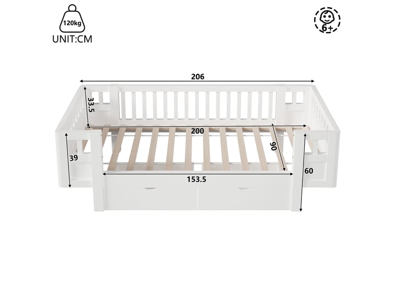  Lit enfant 90 x 200 cm blanc avec barrières hautes et 2 tiroirs de rangement  - Conforama C