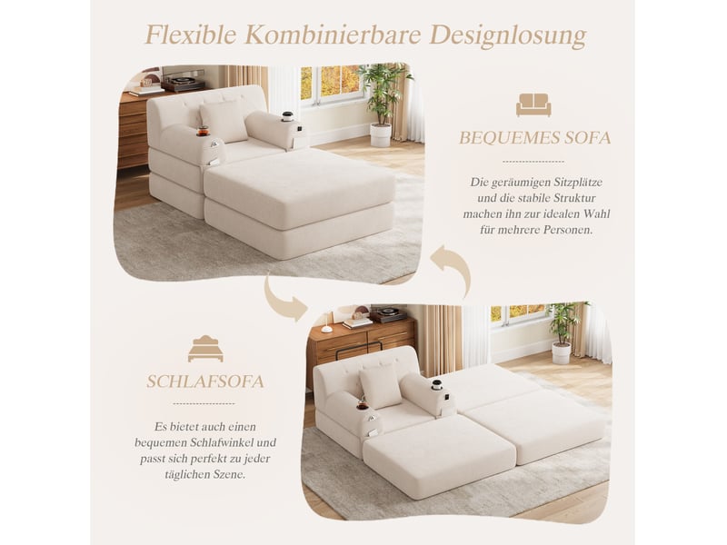  Fauteuil-lit 1 place avec pouf 107x162x81 cm, couchage 191 cm, 4 poches, velours côtelé beige, sans matelas  - Conforama D