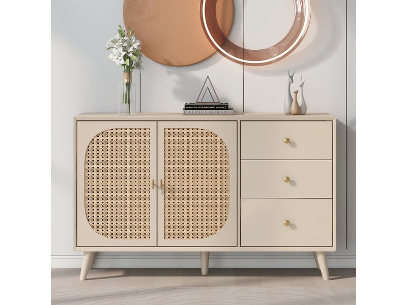  Buffet 120 cm blanc cassé – portes et tiroirs, rangement spacieux pour séjour et salle à manger  - Conforama B