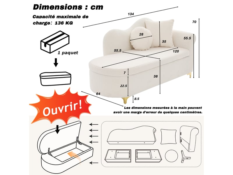 Méridienne avec rangement chaise longue d'intérieur tissu bouclette fauteuil relax moderne  - Conforama C