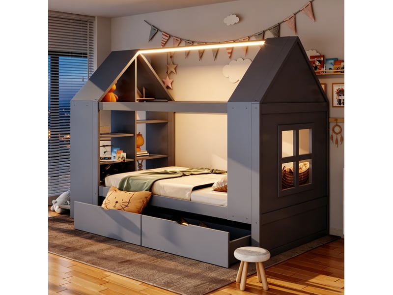Lit cabane enfant 90 x 200 cm avec tiroirs, rangements et éclairage led gris - Conforama D
