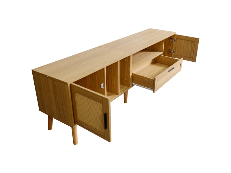  Déstockage : meuble tv 180 cm en rotin avec rangement et pieds bois, design naturel chaleureux  - Conforama E