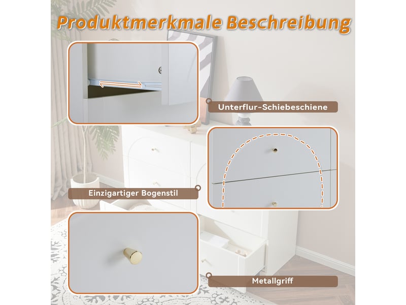 Commode blanc, 120 × 40 × 82 cm, panneau de particules, avec 6 tiroirs, dispositif anti-basculement, pour chambre et séjour - Conforama D