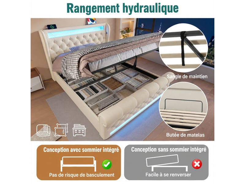 Lit coffre hydraulique avec led, usb et type-c, velours beige, 140 x 200 cm - Conforama E