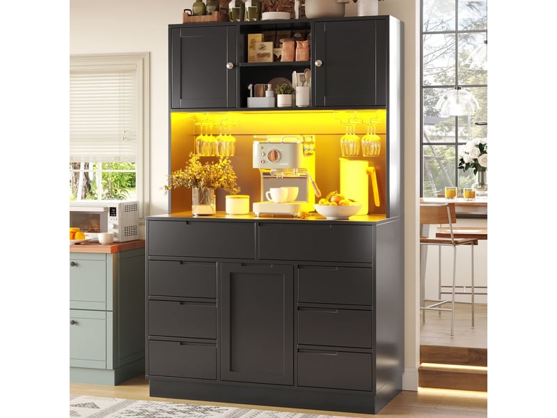  Buffet de cuisine 120 x 40 x 183 cm éclairage led intelligent 8 tiroirs fermeture magnétique étagères réglables en hauteur noir  - Conforama B