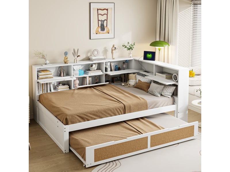  Canapé-lit en bois 140*200 avec lit extractible, rangements et port de charge, lit enfant blanc  - Conforama E