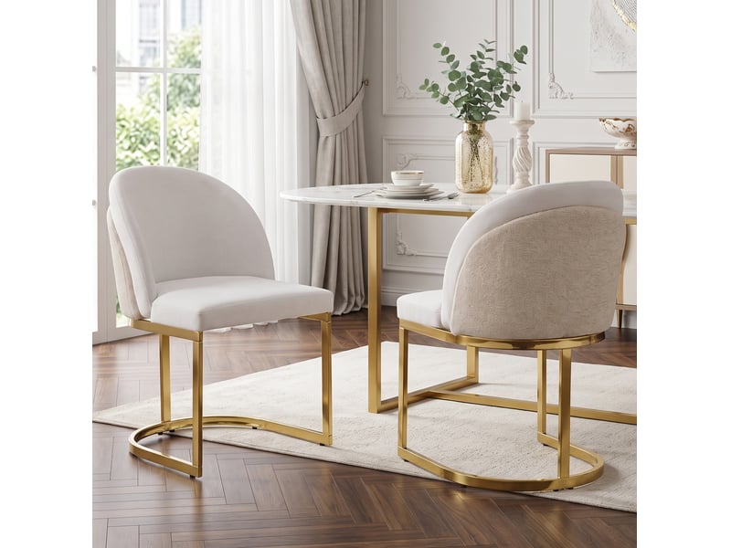  Lot de 4 chaises de salle à manger avec dossier double et rembourrage, en chenille beige et métal doré  - Conforama D