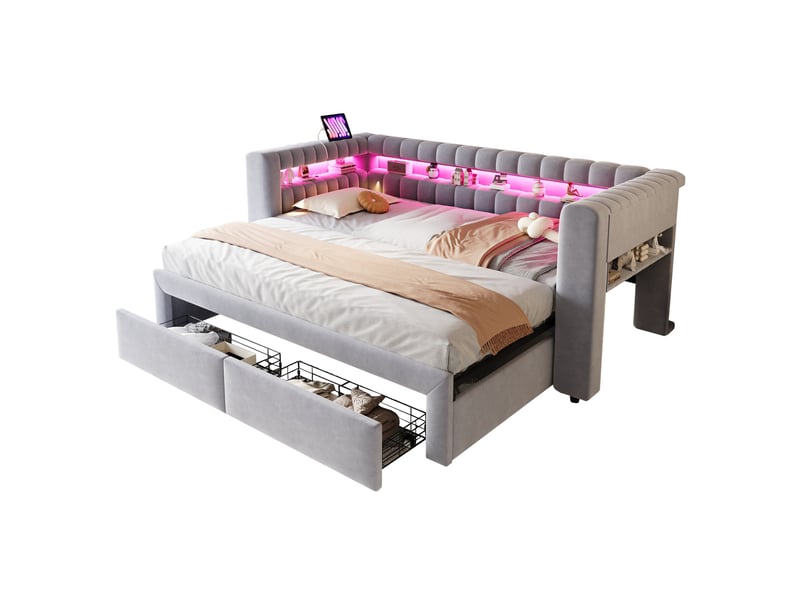 Lit gigogne, 90x180x190 cm, lit tiroir, rangement avec led et usb, tiroirs pratiques intégrés, velours, coloris gris  - Conforama A