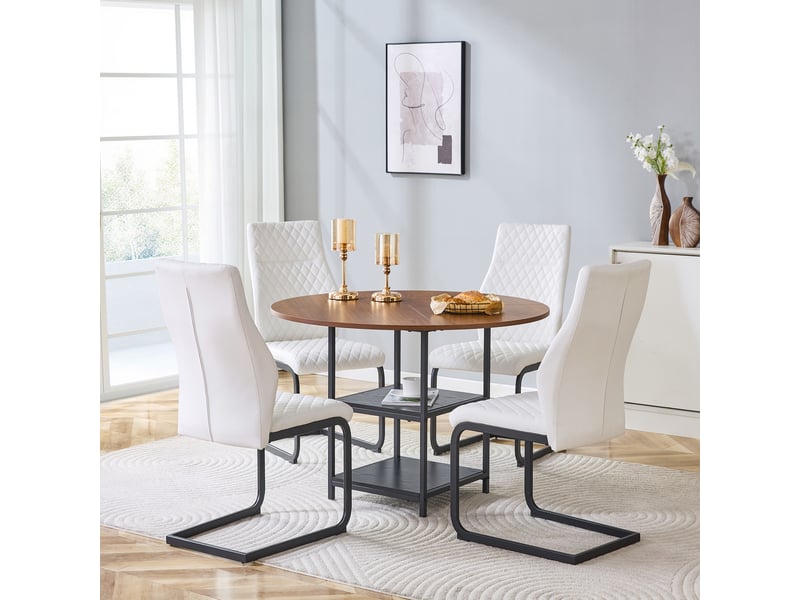  Ensemble table et chaises de salle à manger - table ronde 107 cm - double niveau de rangement Noyer , Blanc + Noir - Conforama A