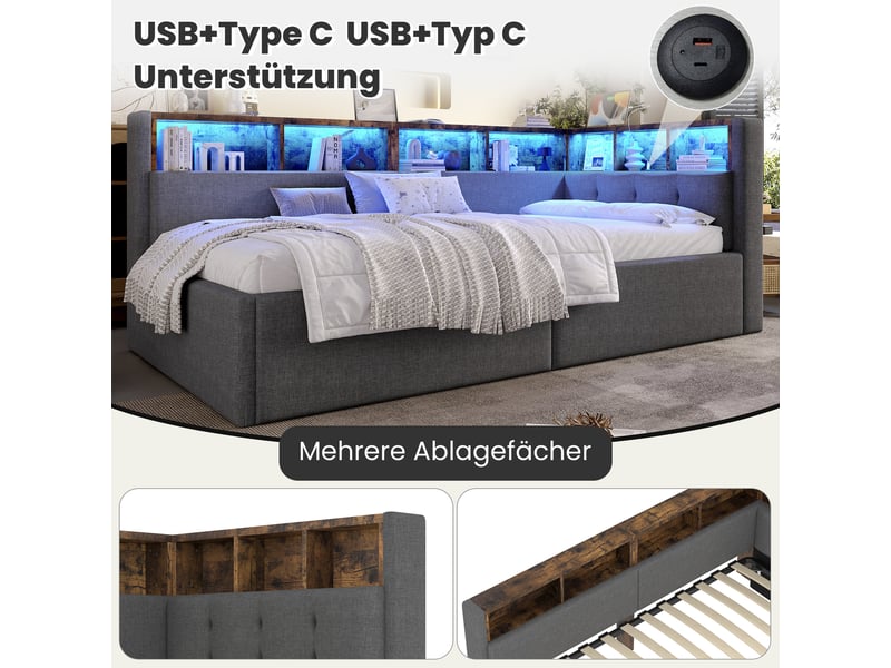  Lit de jour 90x200 cm canapé lit en lin gris avec coffre hydraulique et ports usbtype-c  - Conforama E
