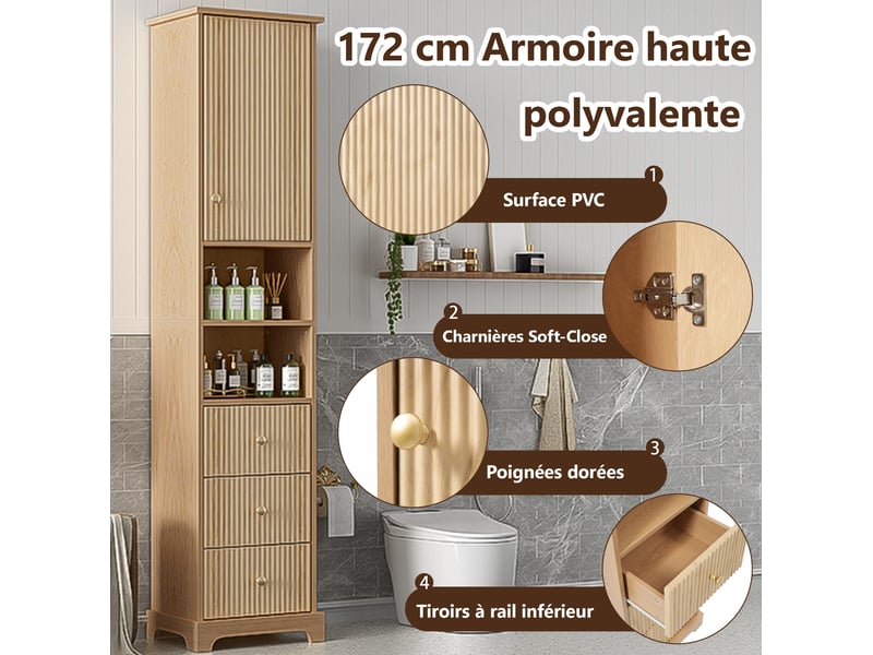  Meuble de salle de bain 40x30x172 cm, armoire de rangement, 3 tiroirs, design moderne et simple, mdf, couleur naturel  - Conforama D